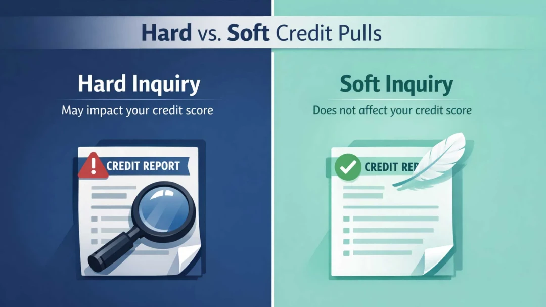 Bank Local. Hard vs. Soft Credit Pulls. Hard Inquiry may impact your credit score. Image of a credit report with a magnifying glass over it and a red caution triangle with a white exclamation point in it. Right side is a credit report saying soft inquiry with a feather on it and a green check mark.