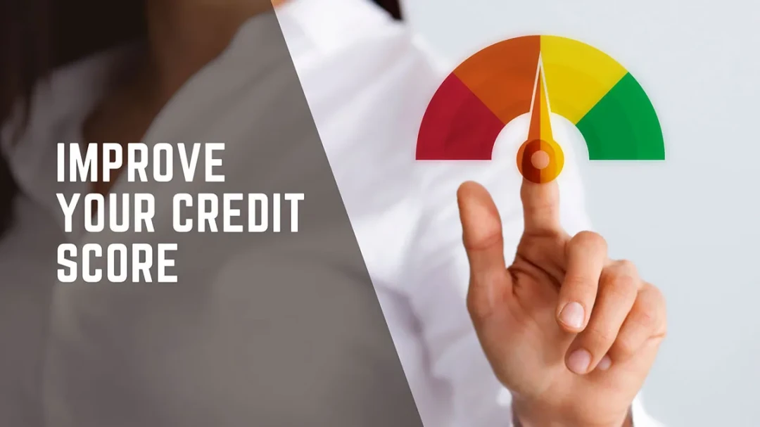 Bank Local. Improve your credit score. Image of a person holding a credit score dial