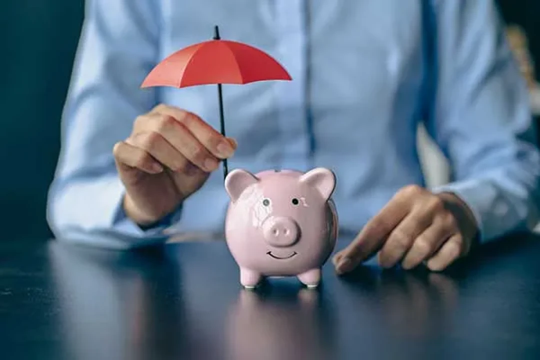 Bank Local. A woman in a blue shirt holding a red umbrella over a pink piggy bank.